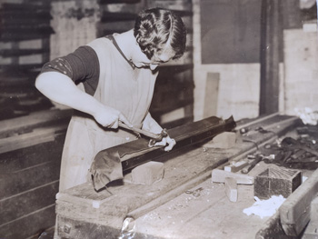 E>J Riley 1920's. May Dean seen here tacking the cloth to one of the snooker table cushions.